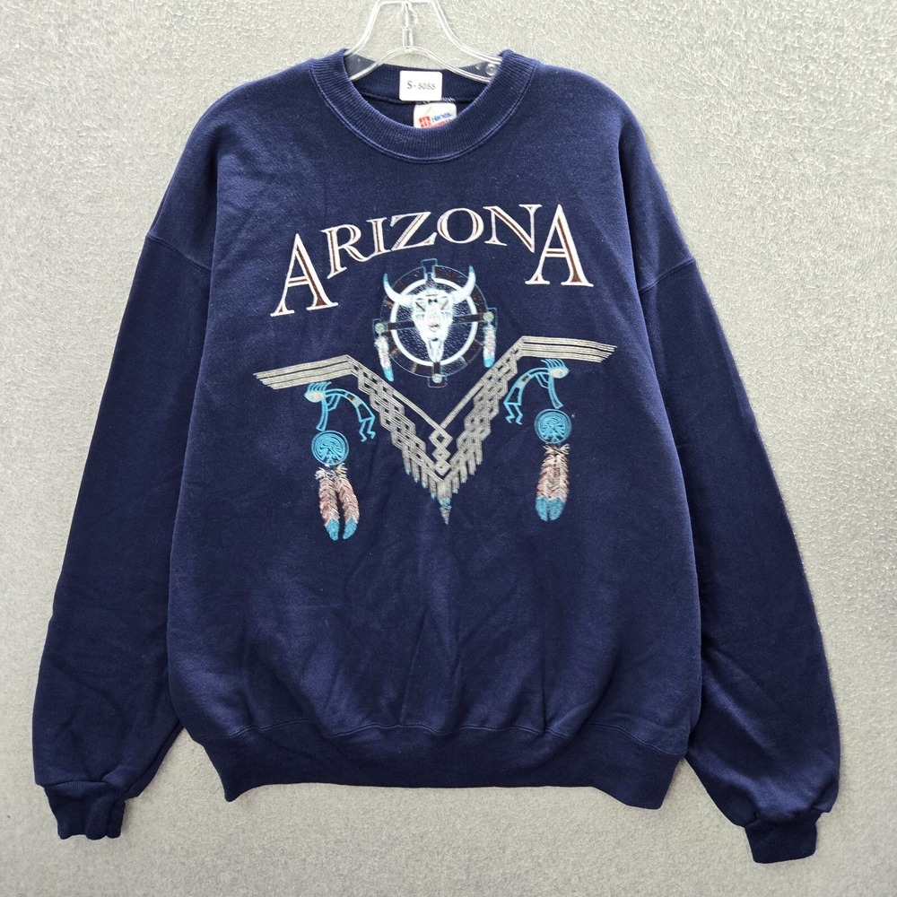 VINTAGE‎ Arizona Men Sweatshirt XL Blue Skull Bull Ancient Feathers Pullover